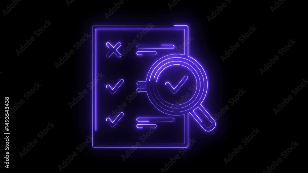 Poster neon checklist magnifying glass scan animation isolated on black background shows audit process