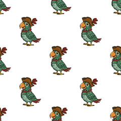 Seamless vector pattern of cheerful pirate parrots in brown tricorn hats, featuring vibrant green and red plumage, perfect for kids designs and textile prints.