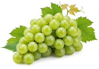 Obraz premium Bunch of green grapes with leaves isolated on white background