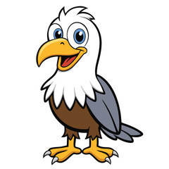Cartoon bald eagle cheerfully smiles, showcasing its bright eyes and impressive talons on white