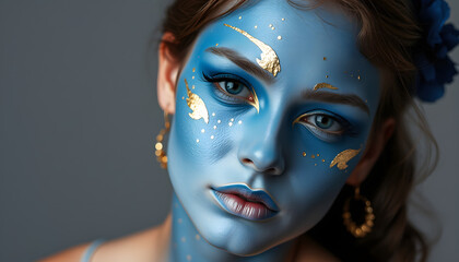 Artistic make-up and body art theme: portrait of a beautiful young girl model with blue make-up all over the body with gold foil for make-up. with white shades