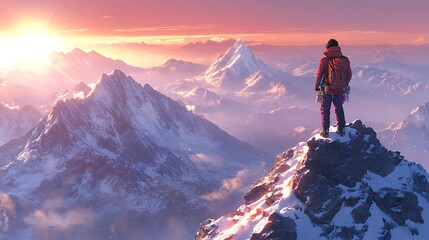 Wide aerial shot capturing a lone climber midway up a snowy mountain, minimalist framing with symmetrical peaks and shadow valleys, soft light highlighting textures, Rule of Thirds placement of