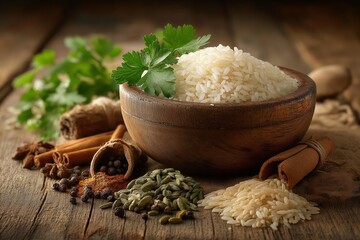 Wooden table with bowl of Mandi, Yemeni smoked lamb and rice dish, surrounded by spices. Concept of cozy atmosphere focusing on Mandi, rich flavors, traditional food.