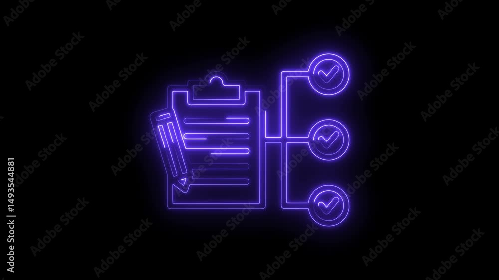 Poster neon checklist animation showing completion and approved stages on dark background for business proj