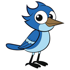 Animated blue jay with big eyes is standing with both feet visible