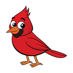 Cartoon red cardinal standing while looking forward is isolated on a white backdrop