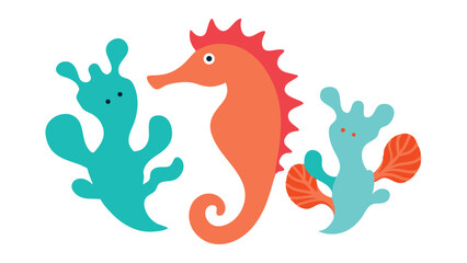 Seahorses and Coral Art Vector Design on White.