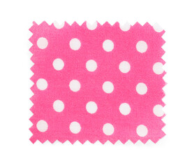 Sample of pink fabric with polka dot pattern isolated on white, top view