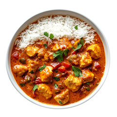 Chicken curry with jasmine rice, indian food concept isolated on a White background