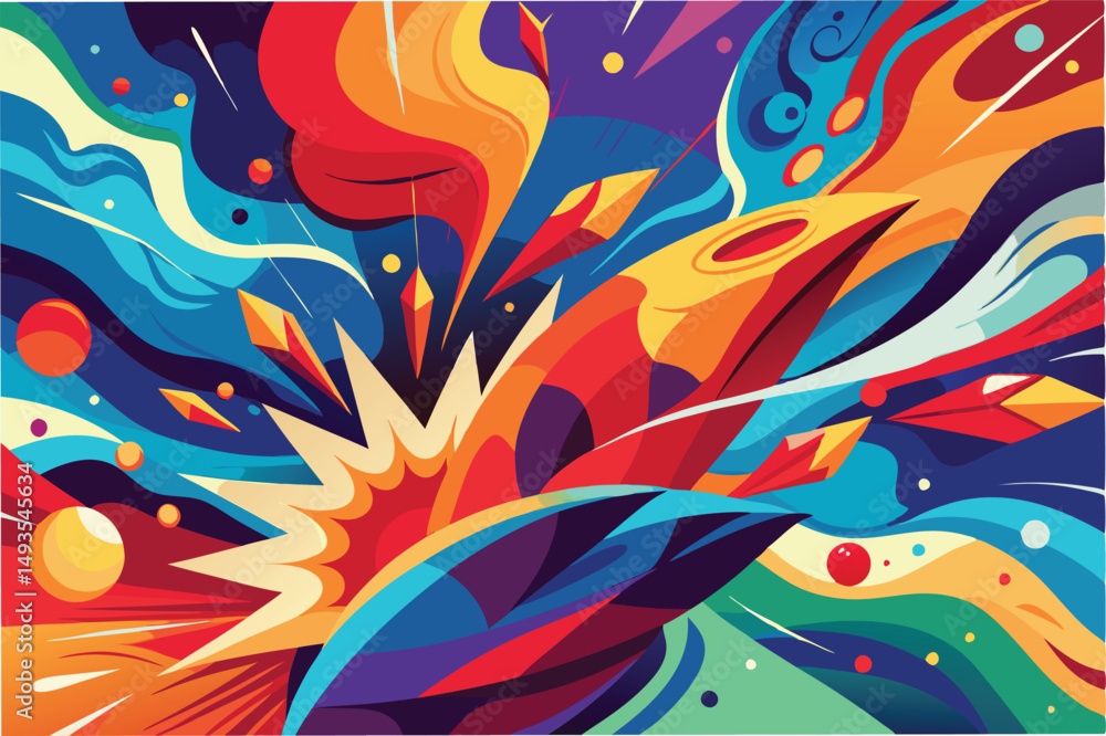 Poster colorful abstract vector illustration depicting dynamic movement with bold shapes, swirls, and cosmi