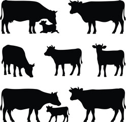 Cow Silhouette Set – Farm Animal Vector Icons Cattle Silhouette Collection – Cow, Bull, Calf Icons Pack