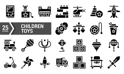 25 Black Glyph Icons of Popular Childrens Toys.