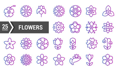 25 Colorful Flower Line Icons for Design Projects.