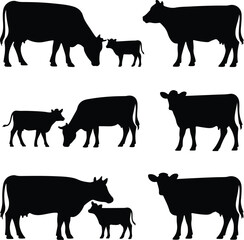 Cow Silhouette Set – Farm Animal Vector Icons Cattle Silhouette Collection – Cow, Bull, Calf Icons Pack