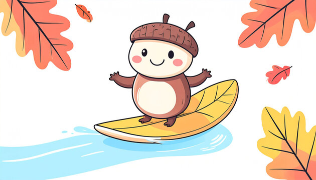 A cheerful acorn-shaped character joyfully surfs on a large yellow leaf amidst falling autumn leaves across a light blue stream - Powered by Adobe