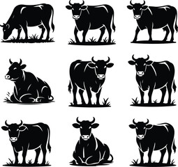 Cow Silhouette Set – Farm Animal Vector Icons Cattle Silhouette Collection – Cow, Bull, Calf Icons Pack