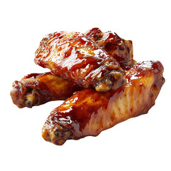 Chicken wings glazed with a sticky, BBQ sauce isolated on a White background.
