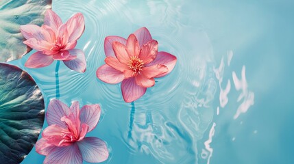Tropical pink flowers floating on turquoise water with soft ripples and natural reflections