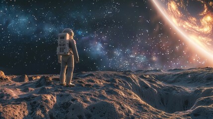 Obraz premium A lone astronaut standing on the surface of an alien planet, gazing at a distant galaxy visible in the sky above. The landscape is strange and barren, with rock formations unlike any on Earth. The sce