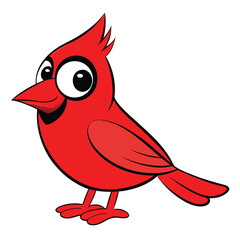 A cute cardinal bird character stands smiling with shiny eyes on a white backdrop