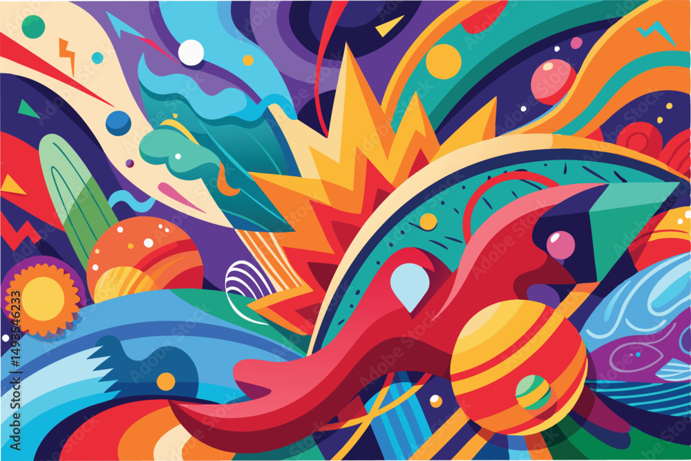 Poster colorful abstract vector illustration depicting dynamic movement with bold shapes, swirls, and cosmi