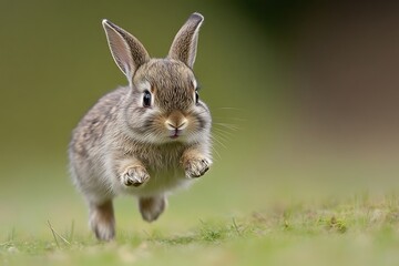Fototapeta premium A small brown rabbit running through green grass with ears up and paws in the air in a field outdoors