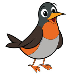 A cute cartoon robin character stands smiling with an orange beak against a white background