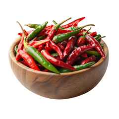Chopped red and green chili peppers in a wooden bowl.i solated on a White background