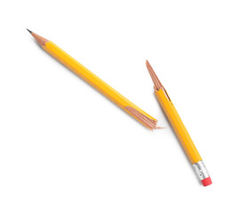 One broken graphite pencil on white background, top view