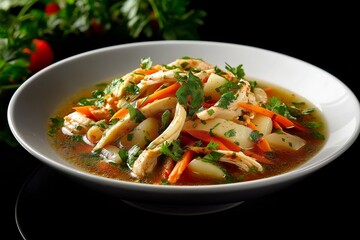Fototapeta premium Bowl of Mondongo Stew, tripe and vegetable stew garnished with herbs. Concept of Mondongo Stew showcases rich flavors, vibrant ingredients, comforting dish on dark surface.