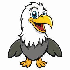 Cheerful bald eagle cartoon smiles brightly while standing, presenting its wings and yellow talons