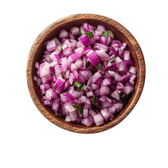 Chopped red onion in a wooden bowl isolated on a White background.