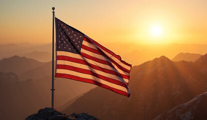 Obraz premium American Flag Waving Proudly at Sunset atop Rocky Mountains – Patriotic USA Landscape Photography