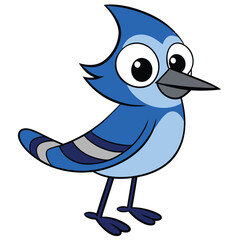 Animated blue jay with big eyes stands alert on a white background