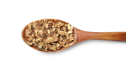 Pieces of dry chicory roots in spoon isolated on white, top view