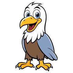 A cheerful cartoon bald eagle with blue eyes stands smiling with yellow talons