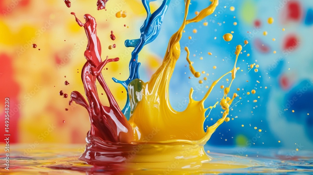 Poster abstract splash of yellow and red liquid paint in dynamic background motion freeze frame scene