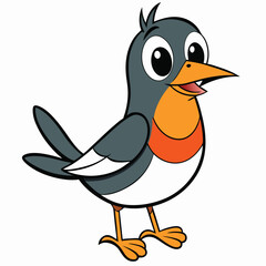 Cartoon robin bird smiles cheerfully while standing on the ground facing forward