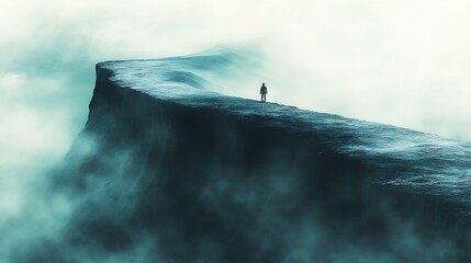 Wide aerial shot of a solitary climber moving across a snowy ridge, minimalist and symmetrical mountain shapes, fog lightly blurring parts of the terrain, strong Rule of Thirds compositional balance