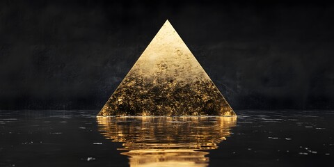 Golden pyramid shape on dark reflective surface.