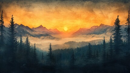 Obraz premium Majestic Sunset Over Misty Mountains