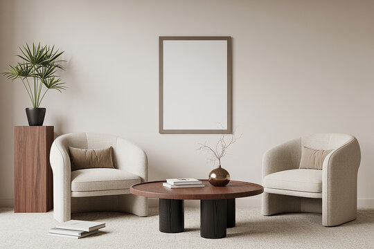 Modern minimalist living room interior design with two beige armchairs a wooden coffee table and a blank frame on the wall