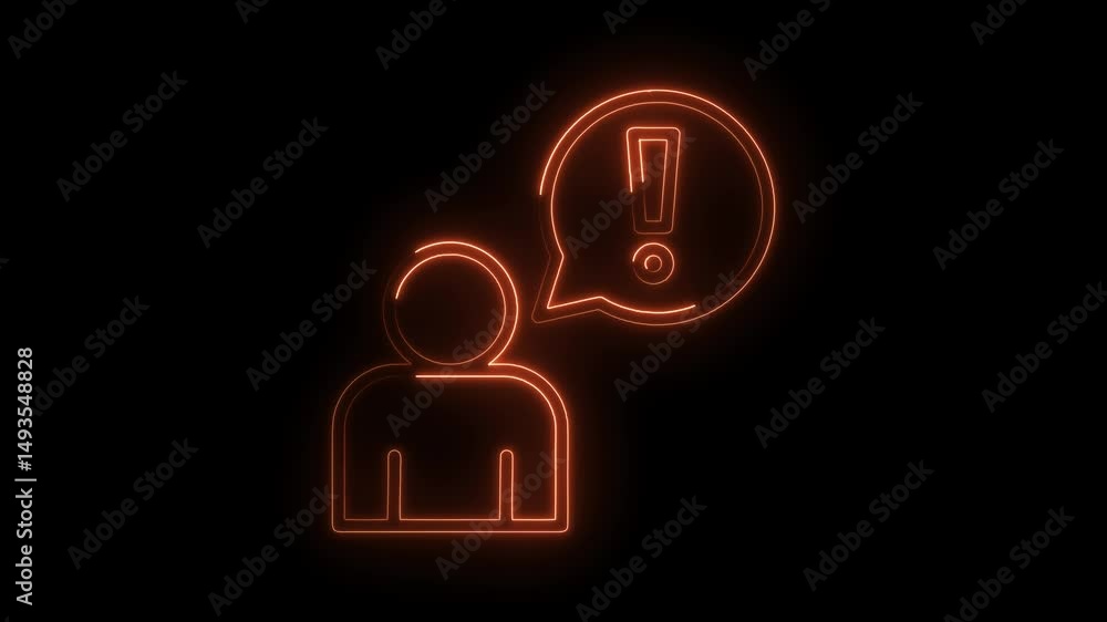 Poster glowing man icon with exclamation mark in speech bubble on dark backdrop