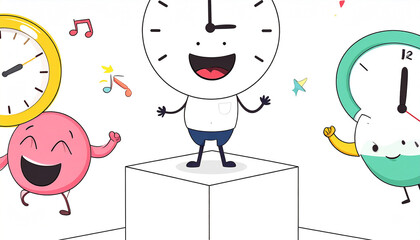 Three cheerful cartoon clocks, one atop a cube, dance and sing amidst musical notes and confetti