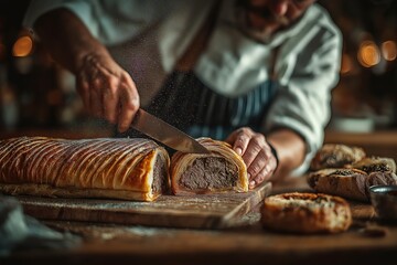 Man with beard in striped apron cuts Pate en Croute, encased meat paste, on wooden board. Concept of warm kitchen setting focusing on Pate en Croute preparation.