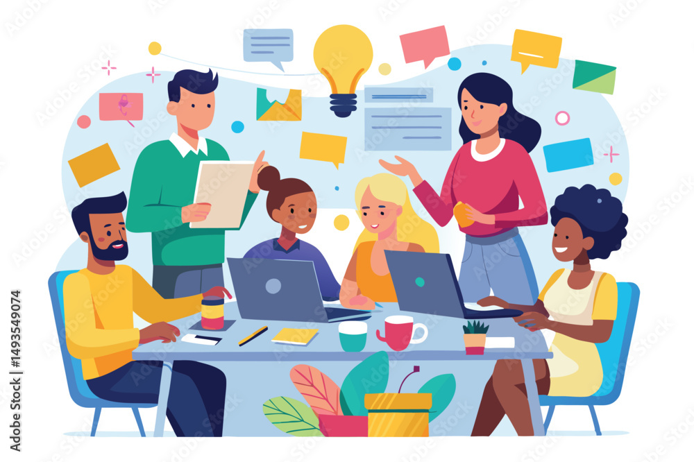 Fototapete Group collaboration in a modern office setting with diverse individuals engaged in a creative brainstorming session