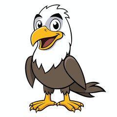 Cheerful bald eagle cartoon stands smiling widely with yellow beak and clawed feet