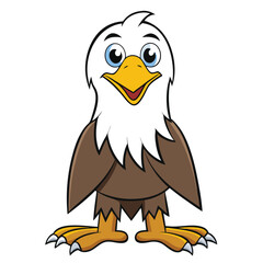 A cartoonish bald eagle with bright blue eyes stands alert and smiling broadly
