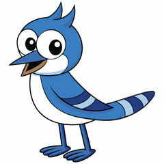 Cartoonish blue jay stands cheerfully, showing its open beak on an isolated background