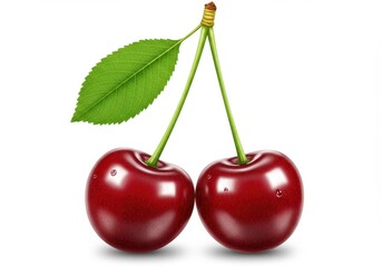 Two cherries with leaf isolated on white background, fresh and sweet